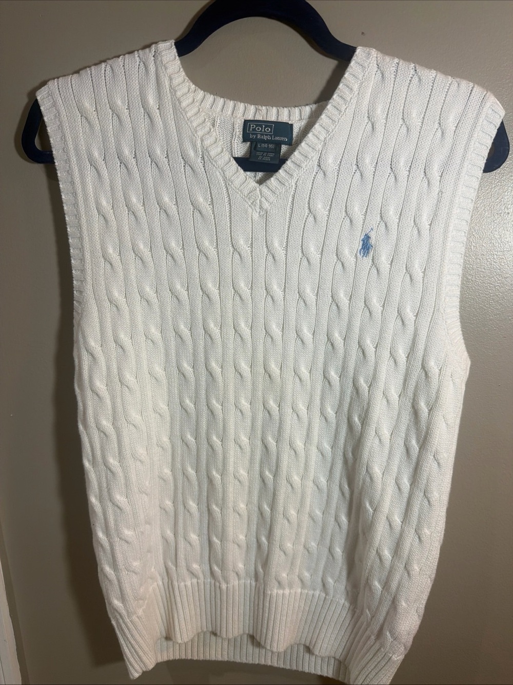 Ralph Lauren White Cable Knit V-Neck Sweater Vest with Light Blue Polo Emblem